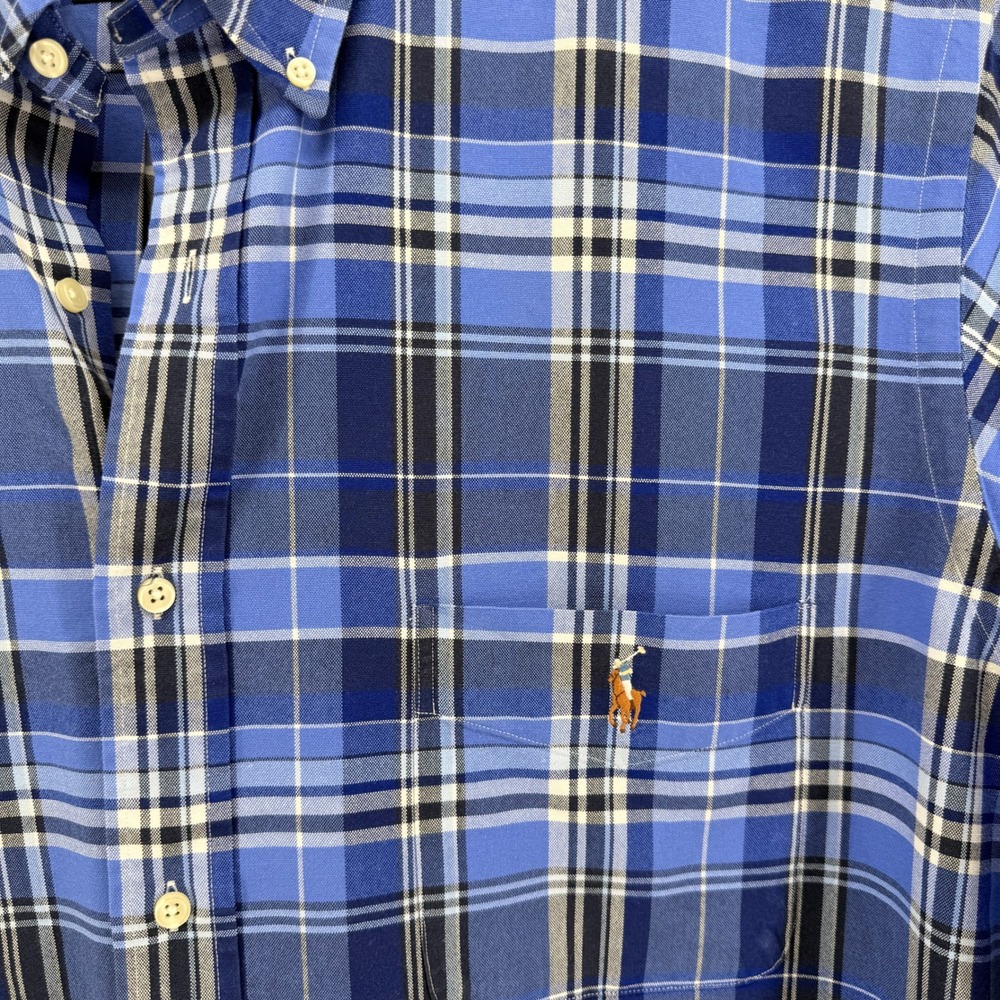 Polo Ralph Lauren Button Down Mens 2XLT Pre-Owned Shirt Blue Plaid SS Flesh Pony - Picture 6 of 11